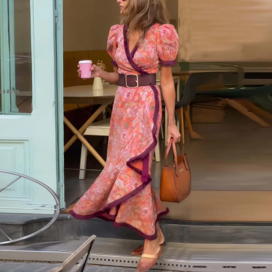 Van Beeck Amsterdam® | Elegante Roze Maxi Dress met Korte Mouwen