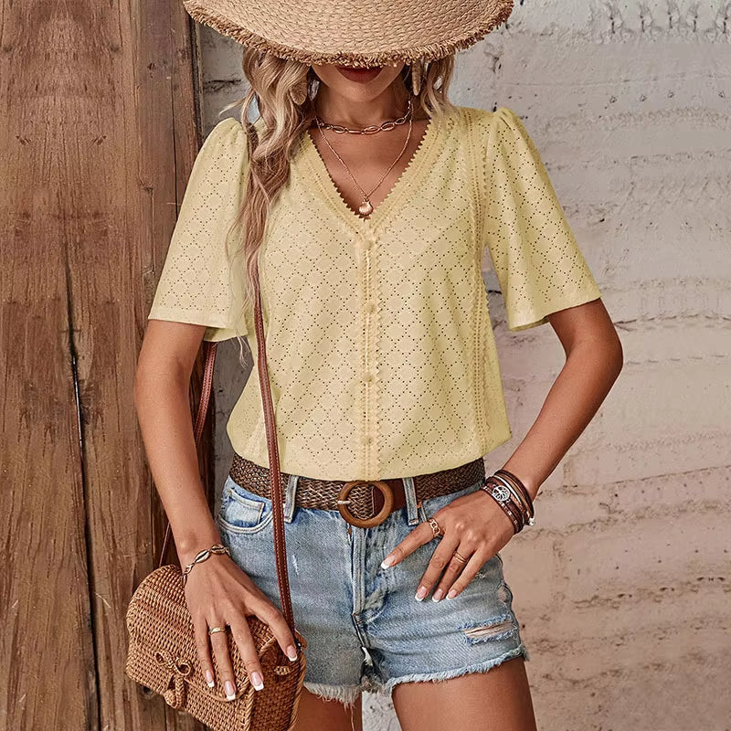 Van Beeck Amsterdam® | KORTE MOUW BLOUSE MET V-HALS