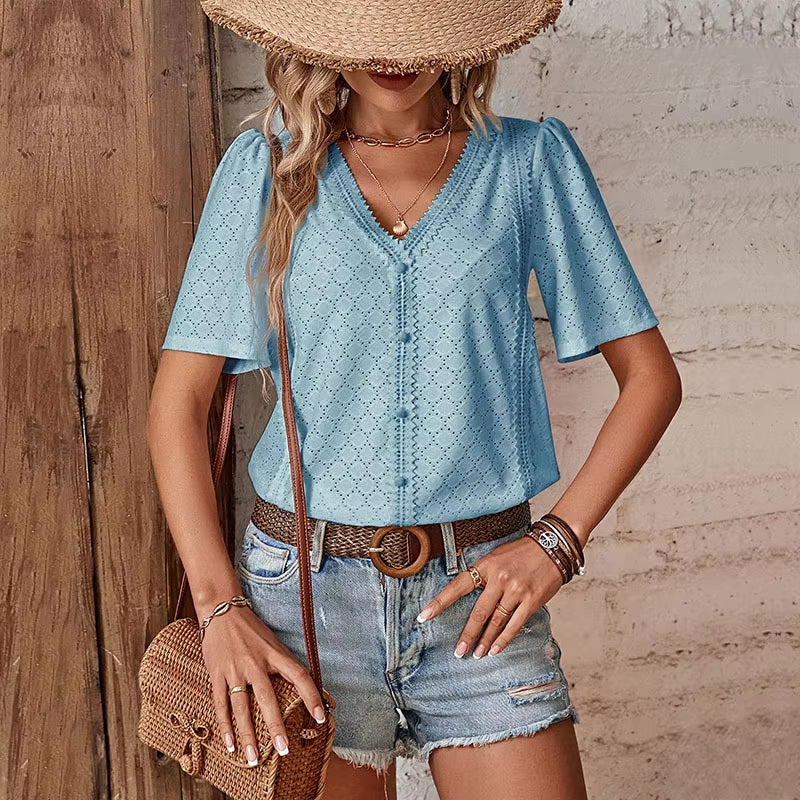 Van Beeck Amsterdam® | KORTE MOUW BLOUSE MET V-HALS