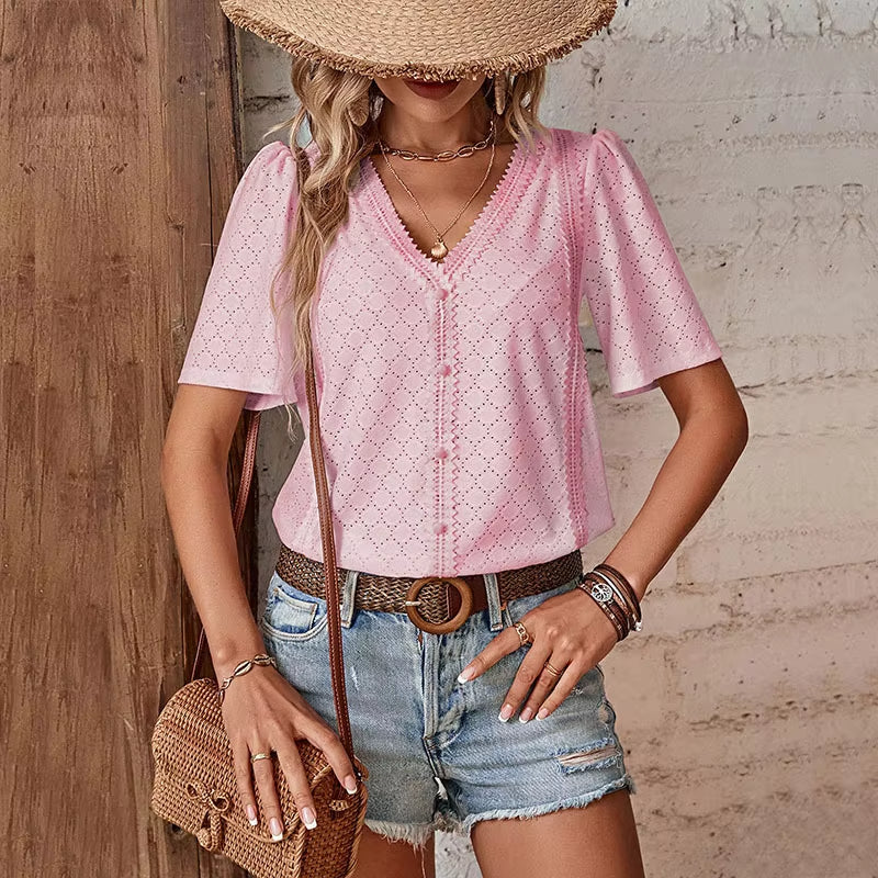 Van Beeck Amsterdam® | KORTE MOUW BLOUSE MET V-HALS