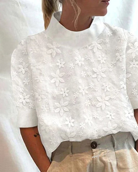 Van Beeck Amsterdam® | Blouse met geborduurde effen staande kraag
