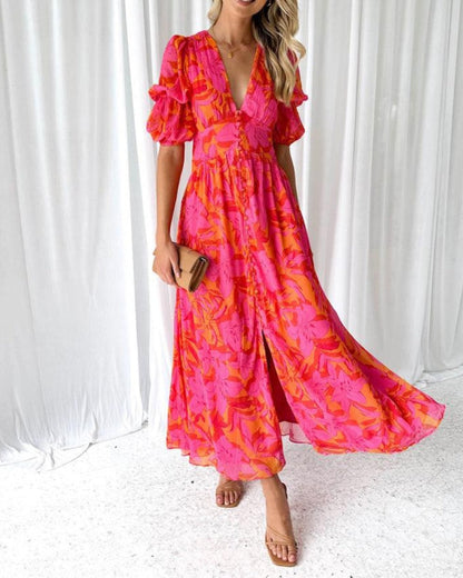 Van Beeck Amsterdam® | Elegante V-hals Maxi jurk met pofmouwen