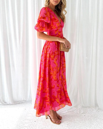 Van Beeck Amsterdam® | Elegante V-hals Maxi jurk met pofmouwen