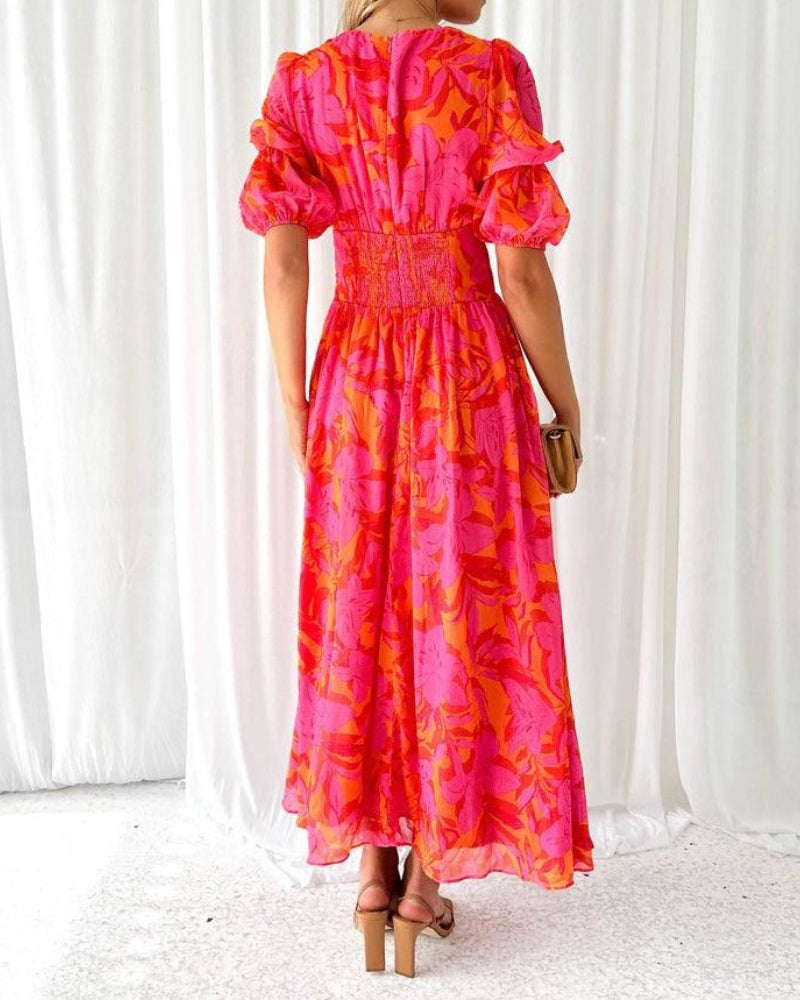 Van Beeck Amsterdam® | Elegante V-hals Maxi jurk met pofmouwen