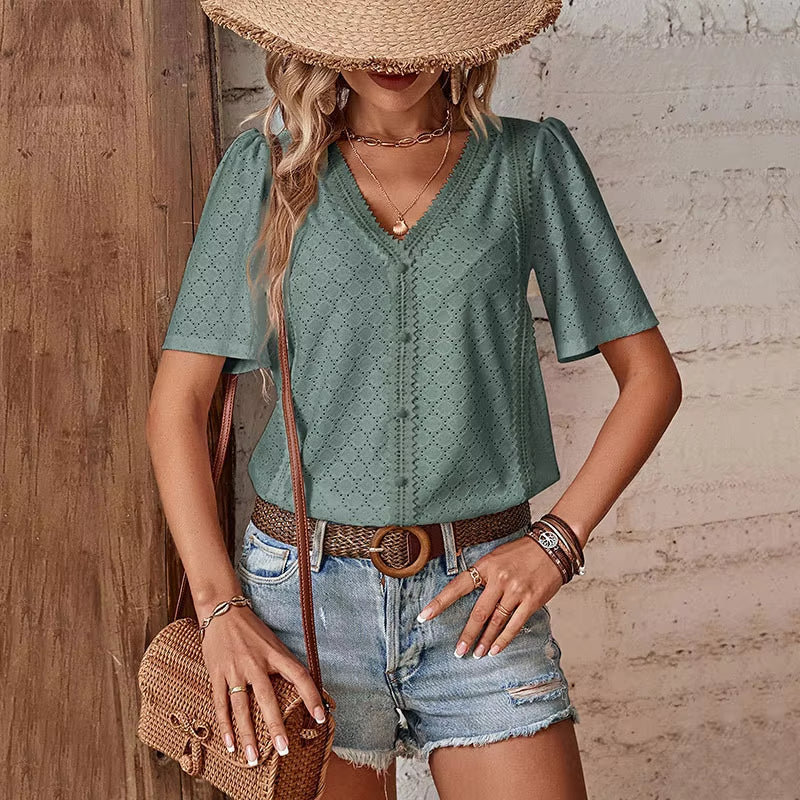 Van Beeck Amsterdam® | KORTE MOUW BLOUSE MET V-HALS
